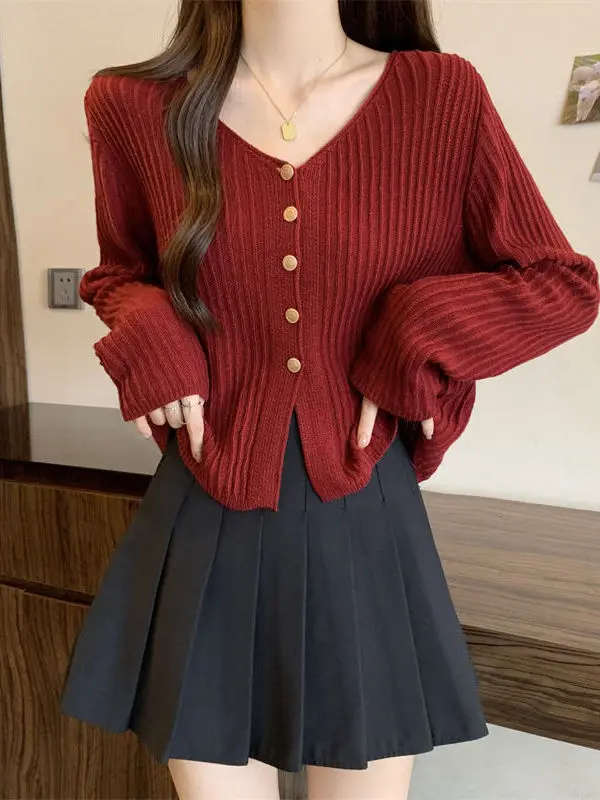 Cardigan lavorato a maglia coreano Sle ort Svel V-Ne maglione a tubo dritto dal design casual allentato per l'inizio dell'autunno da donna