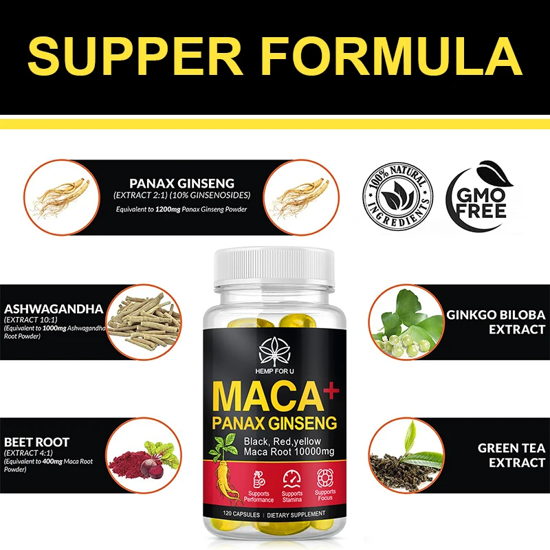 Organic Panax Ginseng Maca Root Capsules with Black + Red + Yellow Peruvian Maca Root Extract Supplement for Men and Women