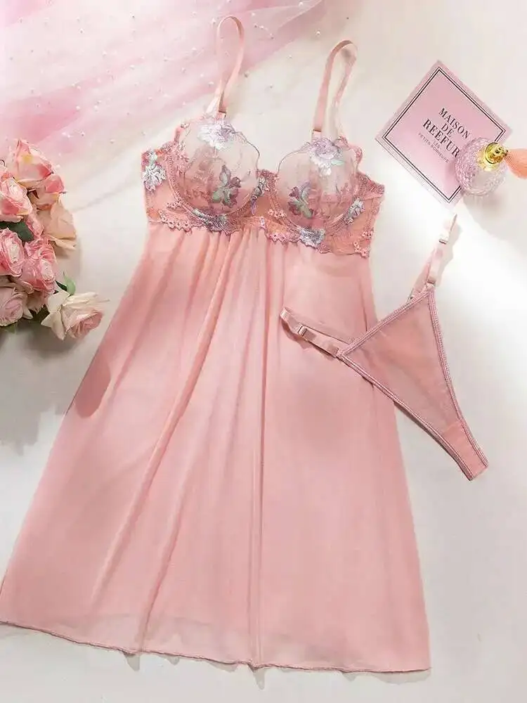 Vestido transparente de Color sólido con bordado de flores, vestido sin mangas con tirantes en V profundo y espalda descubierta, elegante y encantador SRDC