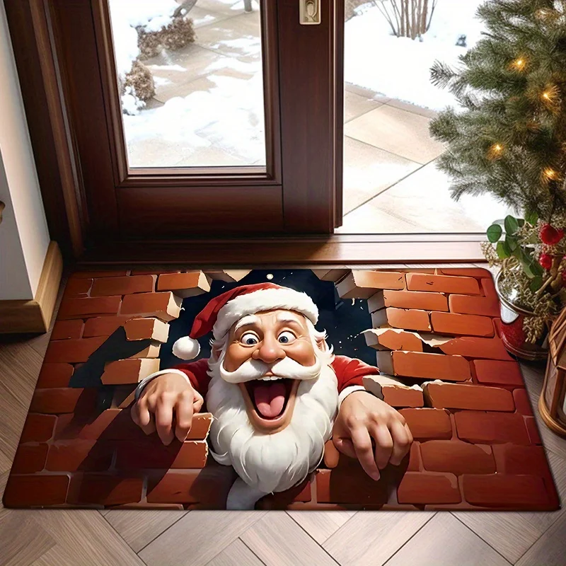 Funny Santa Claus 3D Doormat, Xmas Optical Illusion Indoor Entrance Welcome Mat, Washable Kitchen Bathroom Laundry Rug