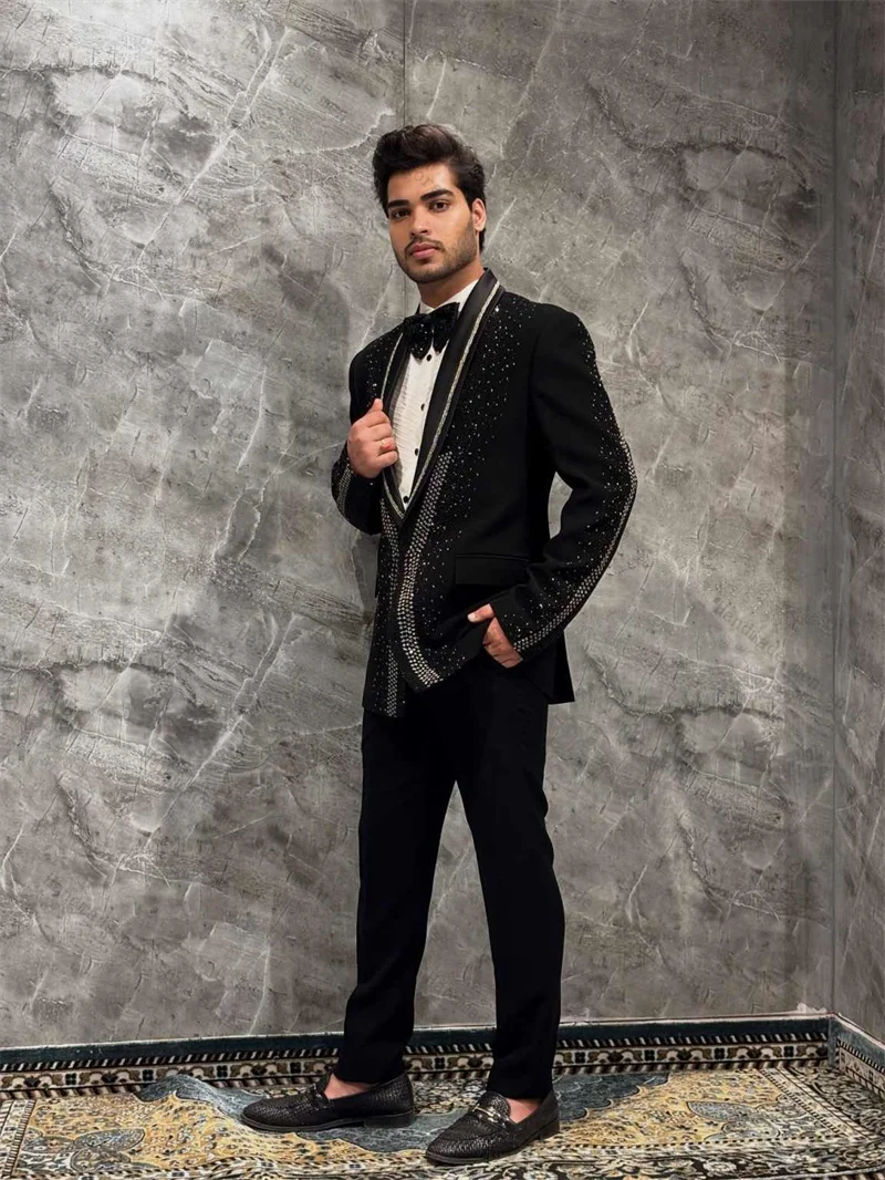 Black Luxury Men Suits 2 Piece Blazer+Pants Stone Crystals Wedding Tuxedo Prom Coat Customized Formal Office Jacket Trousers