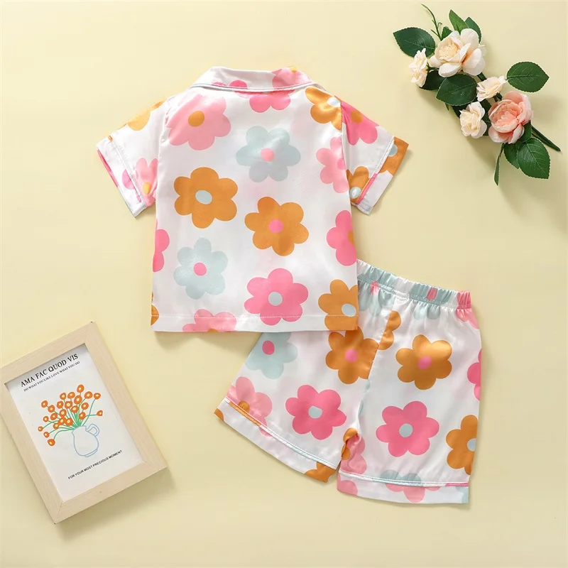 Kid Girl Summer Pajamas Set Short Sleeve Lapel Neck Floral Print Buttons Tops + Loose Short Pants