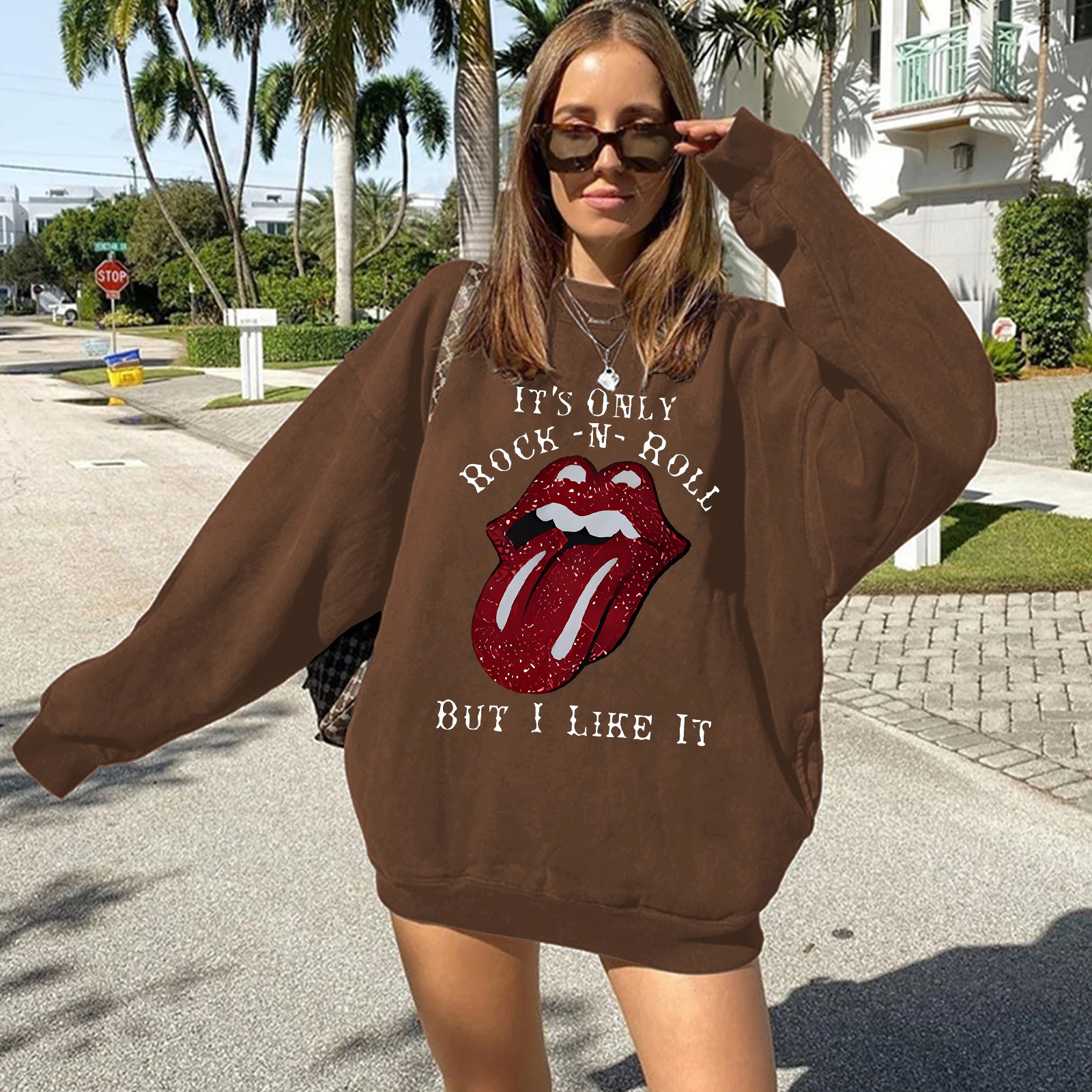 IT\'S ONLY ROCK -N-ROLL BUT I LIKE IT Print Women Sweatshirt Drop Shoulder Long Sleeve Casual Round Neck Tops Women Clothes