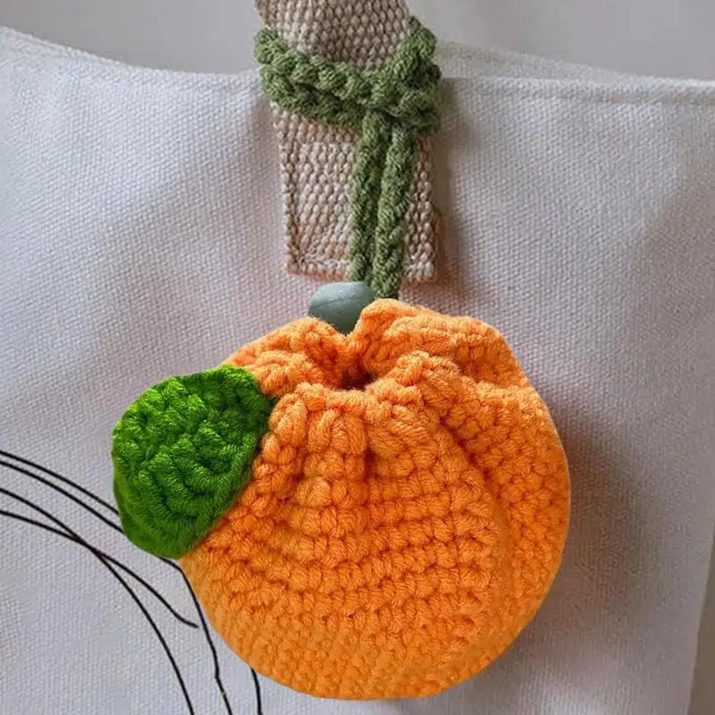 オレンジ色のかぎ針編みの財布,かわいいタンジェリンバッグ,巾着かぎ針編み,フルーツパック,コイン充電器,財布