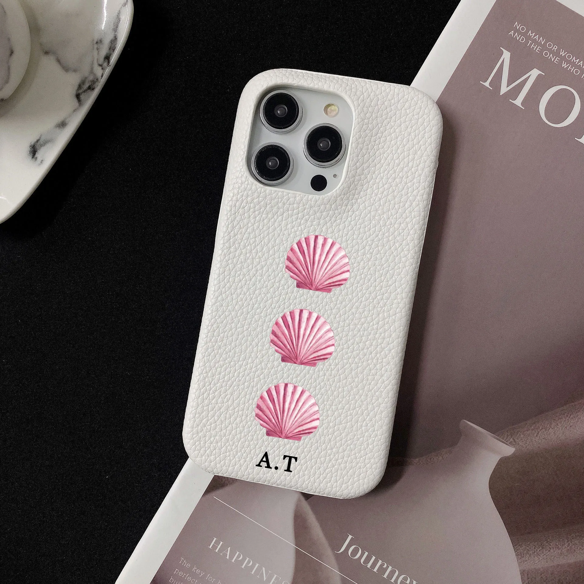 

Personalised Name Pink Seashells Pebble Grain Leather Case for iphone 11 12 14 13 15Pro Max XS XR 14 16Plus Luxury Hard PU Cover