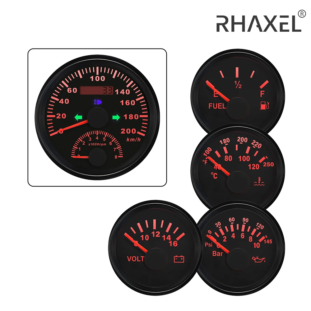 RHAXEL 5 Gauge Set GPS Speedometer 200km/h with Tachometer RPM Fuel Level Water Temp. Oil Presseure Voltmeter 12V for Auto Boat