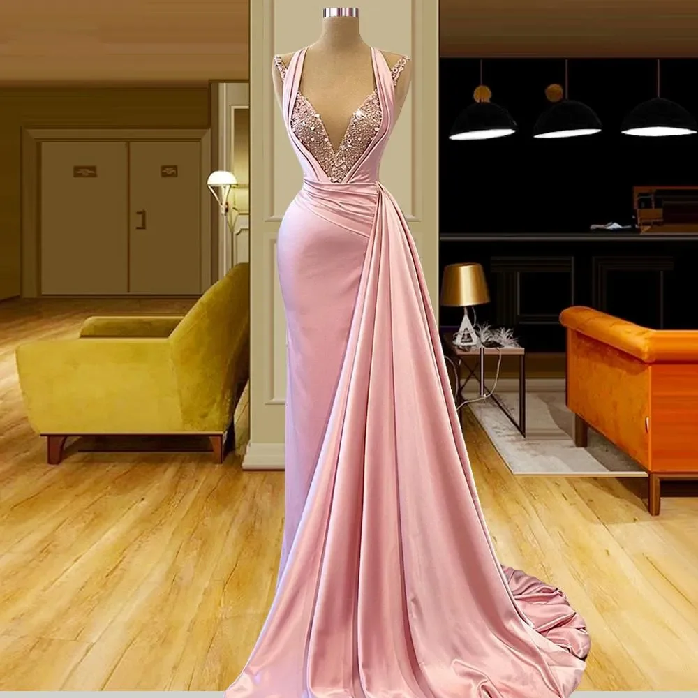 Pink Mermaid Evening Dresses Dubai Sleeveless Party Lace Sequins Women Prom Dress Middle East Sweep Train Custom Evening Dress