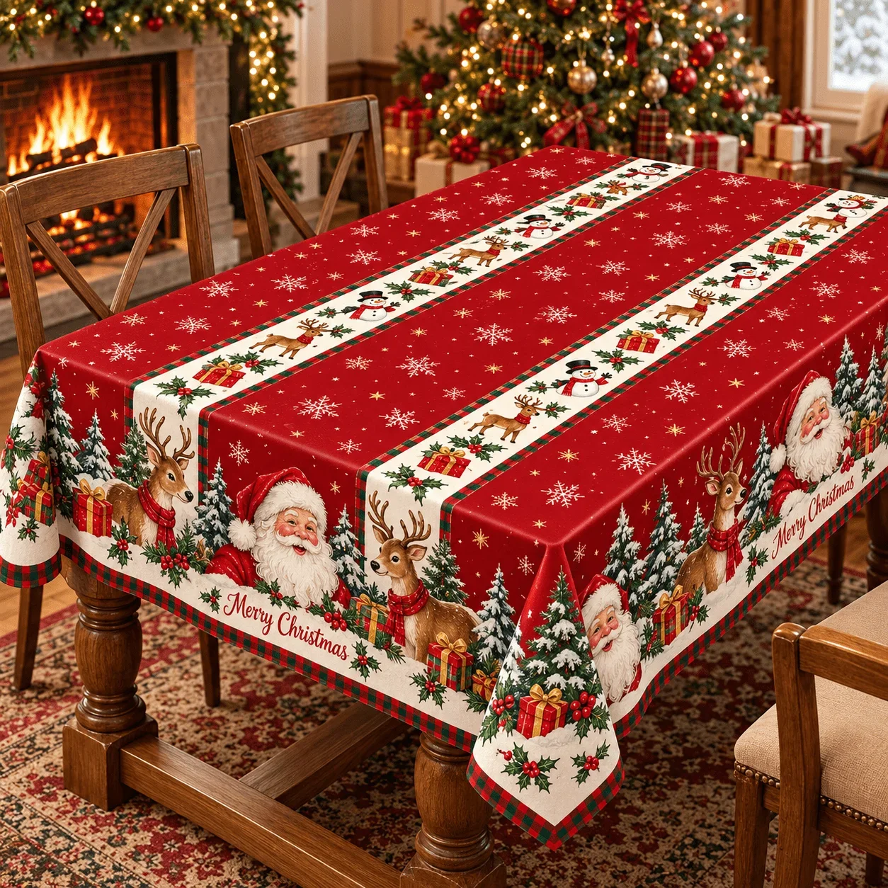 1 rectangular tablecloth for a Christmas atmosphere! Santa, reindeer and snowman print on red background