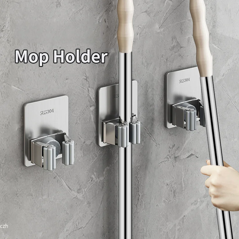 Stainless Steel Wall Mounted Mop Storage Rack No Nail Broom Holder Waterproof Household Organizer for Bathroom Kitchen