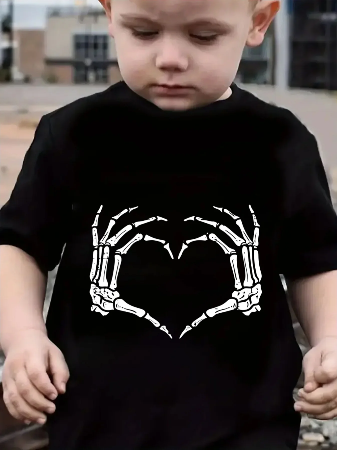 Cute Skeleton Hands Make Heart Print Family Matching T Shirt Boys Girls Short Sleeve Parent Child Soft Cotton Casual Daily Tops