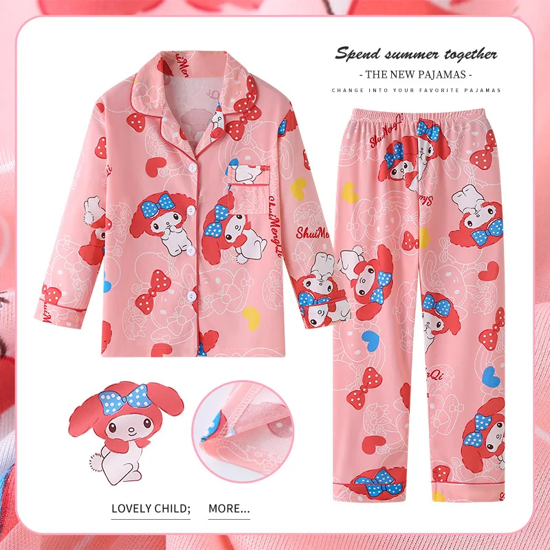 Kawaii Sanrio Pajamas Pants Hello Kitty Kuromi Long Sleeve Roll Clothes Cute Girls Thin Kits Cinnamoroll Pochacco Nightgown Gift