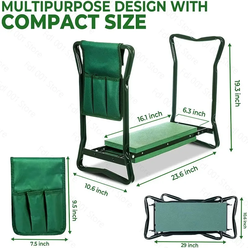 Folding Garden Kneeler Stool Bench Knee Protection Seat with Multi‑pocket Tool Storage Pouch for Gardening