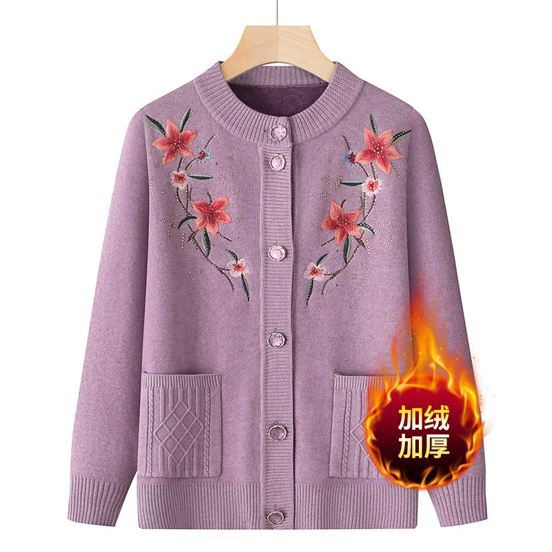 Neue Herbst Winter Oma Plus Samt Pullover Mantel Warme Mutter Mittleren Alters Gestrickte Pullover Bestickte Strickjacke Top für Frauen