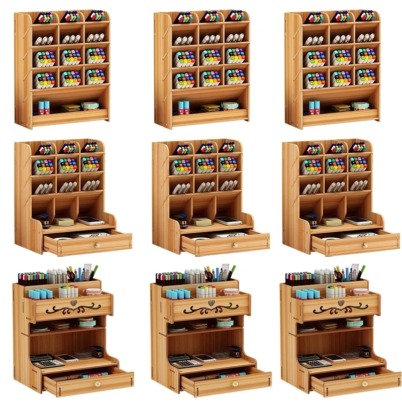 Creative Wooden Pen Holder Office Desk Pen Organizer Stationery Storage Box Makeup Display Stand Home Office Storage Accessories