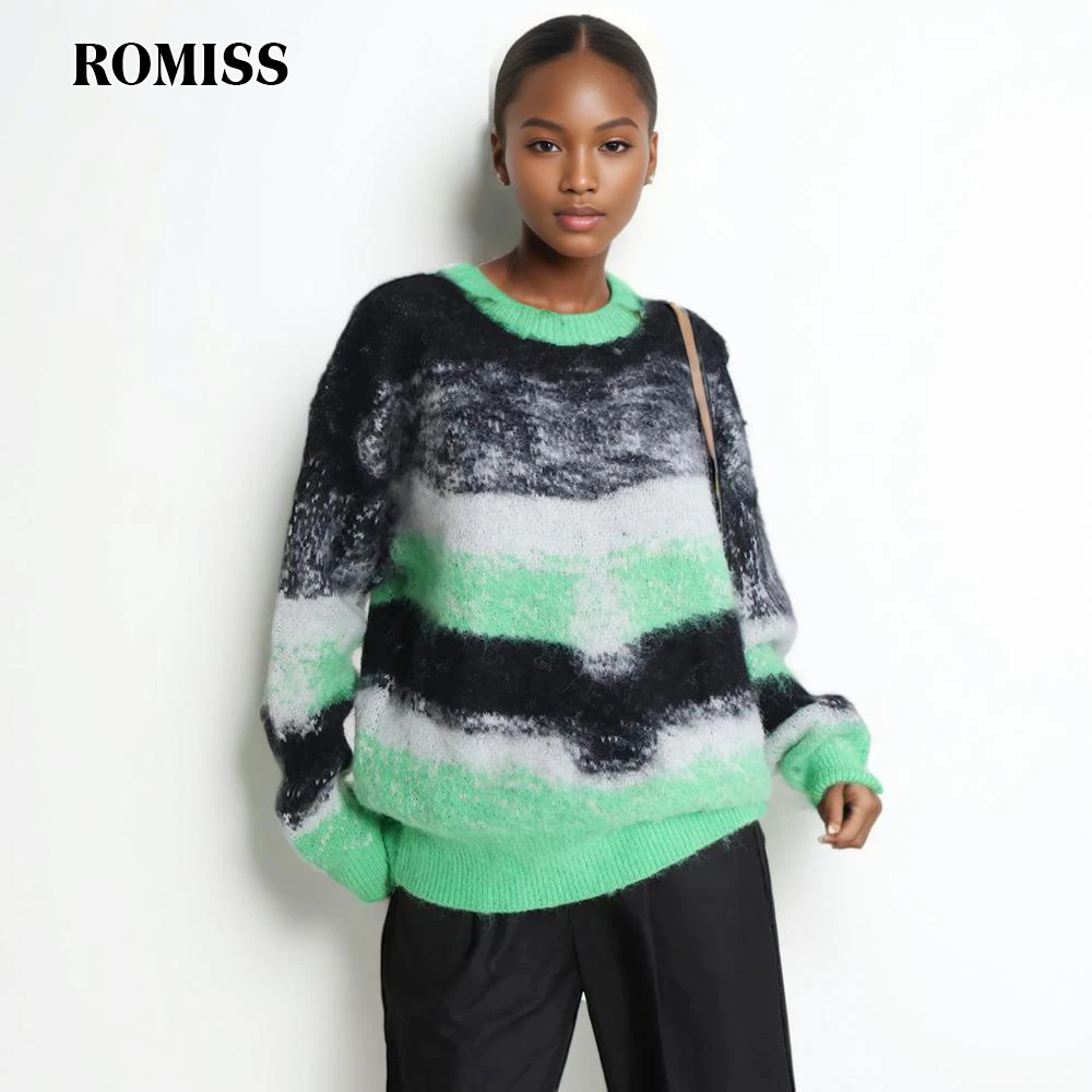 

ROMISS Hit Color Striped Loose Casual Sweaters For Women Round Neck Long Sleeve Streetwear Pullover Sweater Female Fashion