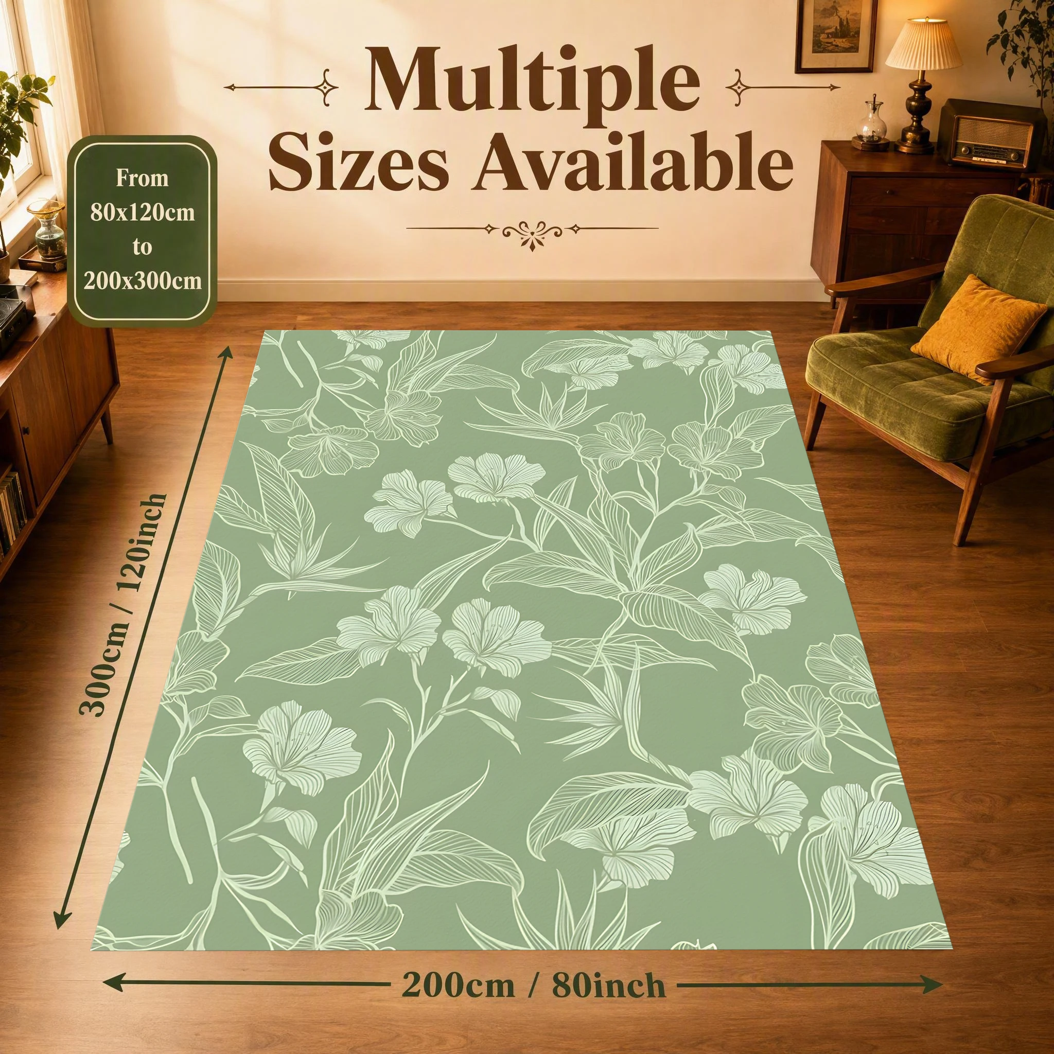 2D Carpet with Light Green Line Drawing Vine Pattern in Fresh Forest Style for Living Room, Bedroom, and Bedside