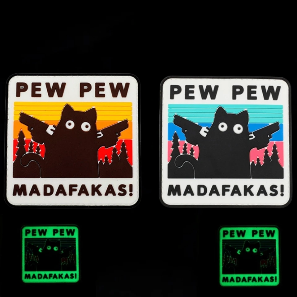 PEW PEW MADAFAKAS Tactical Patch Pew Cat Morale Badge PVC Hook and Loop Patches Military Army Sticker for Backpack Hats