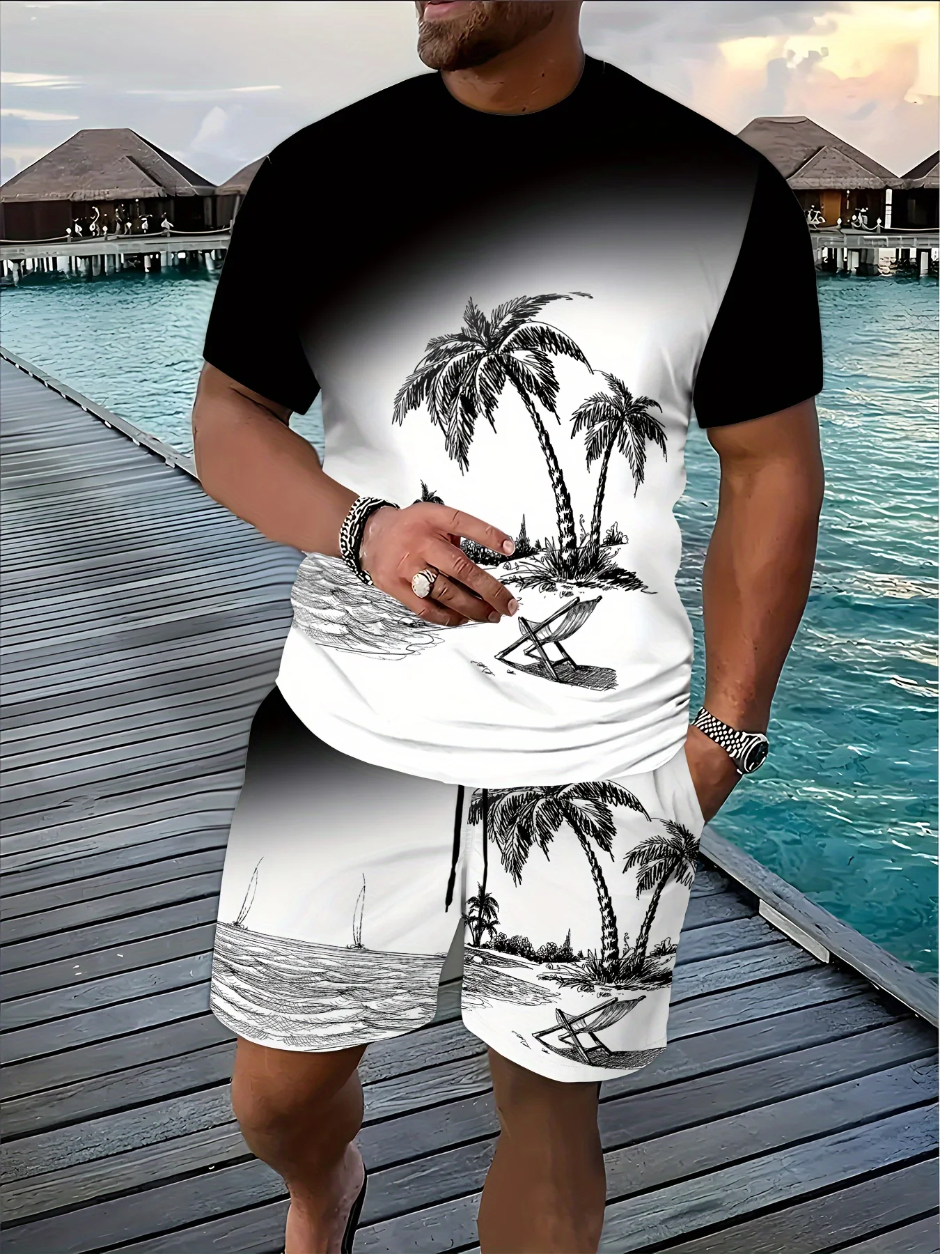 

Summer Coconut Tree Print T Shirt Set Simple Style Black White T-shirt Two-piece Set Fashion Men's Casual Clothing Hot Sell Suit