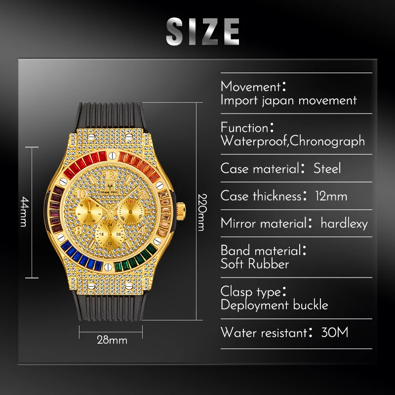 44mm Men's Watch Waterproof Rainbow Diamond Case Luxury Gold Quartz Watches For Male Week Day Display Rubber Strap Hand Clock