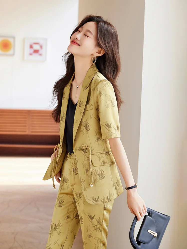 

Summer Printed Blazer Suit Fashion Women Office Casual Short Sleeve Suits Turn Down Collar Pockets Thin Coat Pants Two-Piece Set