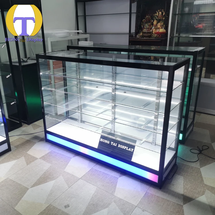 Custom.Factory Direct LED Smoke Shop Display Sliding Mirror Door Aluminum Tempered Glass Cabinet Retail Stores Shops Good Price