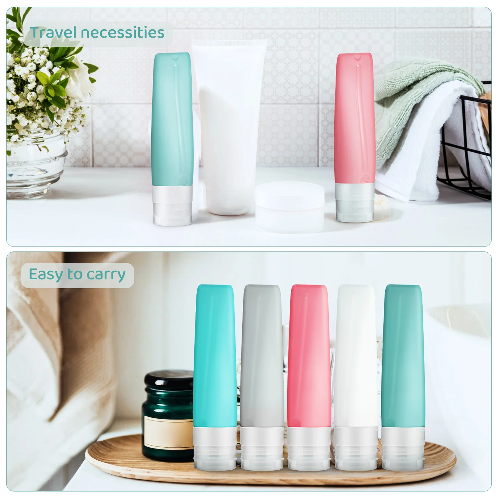 

5Pcs Travel Silicone Bottles Leakproof Refillable Set for Empty Liquid Containers Shampoo Conditioner Body Wash