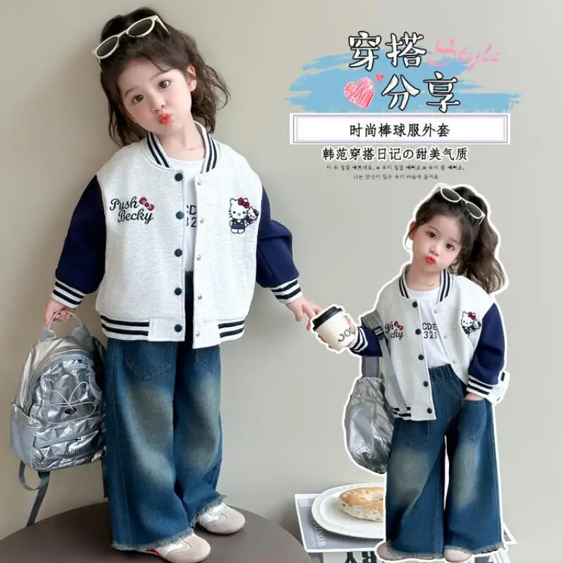 

Sanrio Hello Kitty Baseball Jacket Baby Fashionable Girl Western-Style Children Autumn Kawaii Anime Children's Clothing Knitwear