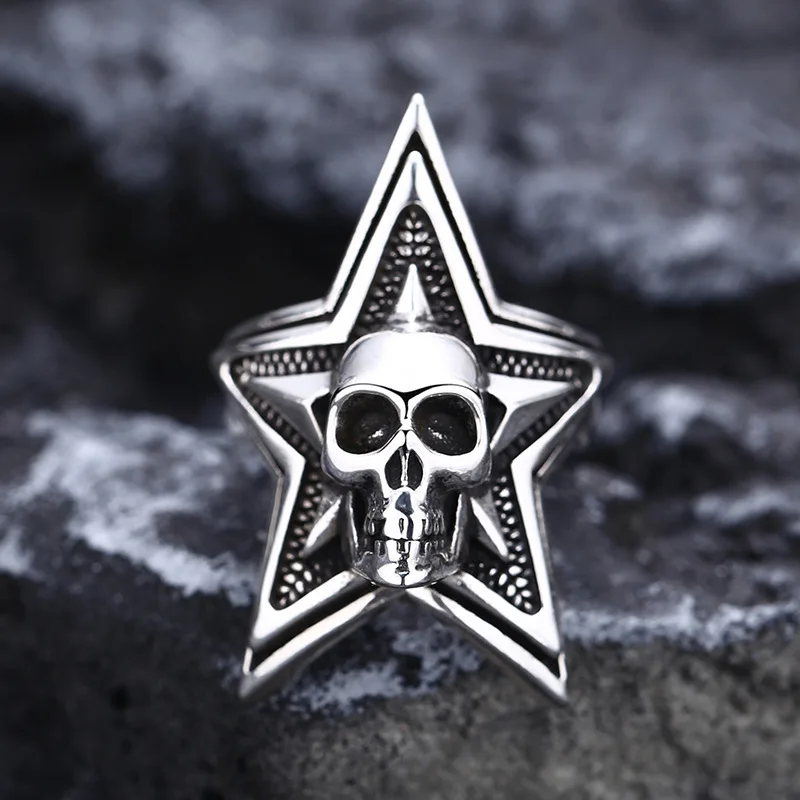 

Pure silver skull ring with five pointed star adjustable ring for men and women, Thai silver retro fashion jewelry