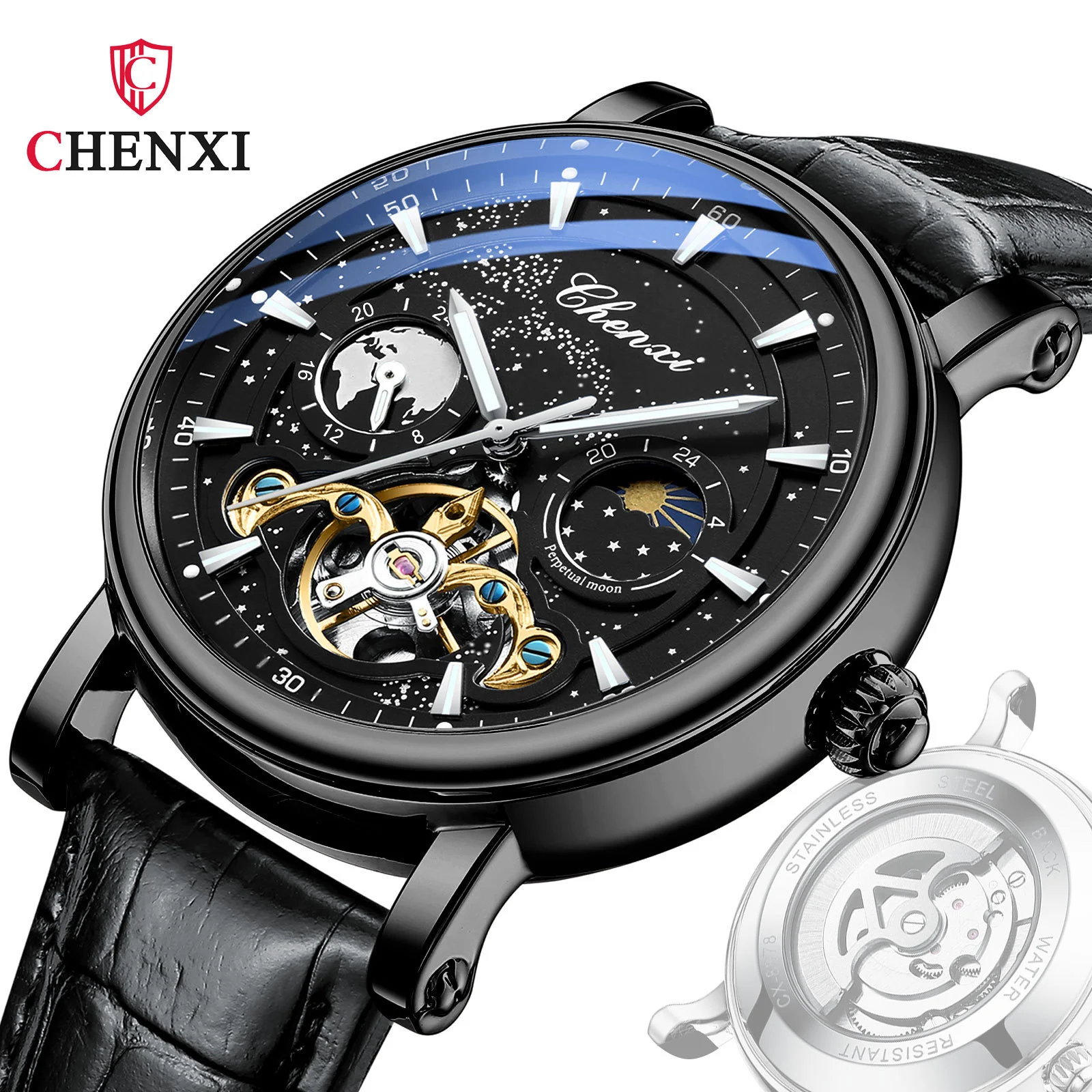 CHENXI 8872 Milky Way Moon Phase Hollow Flywheel Mechanical Men\'s Watch Full Automatic Luminous Live Broadcast Business Belt