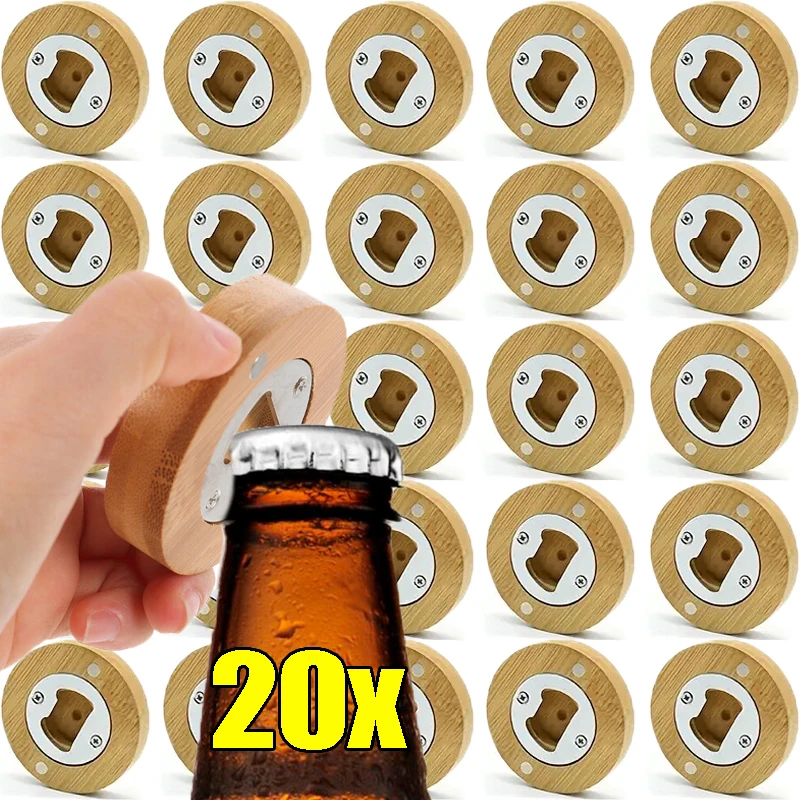 

20/1PCS Bamboo Bottle Opener Portable Round Magnet Bottles Opener Kitchen Barware Tools Wedding Party Favors Bottle Openers