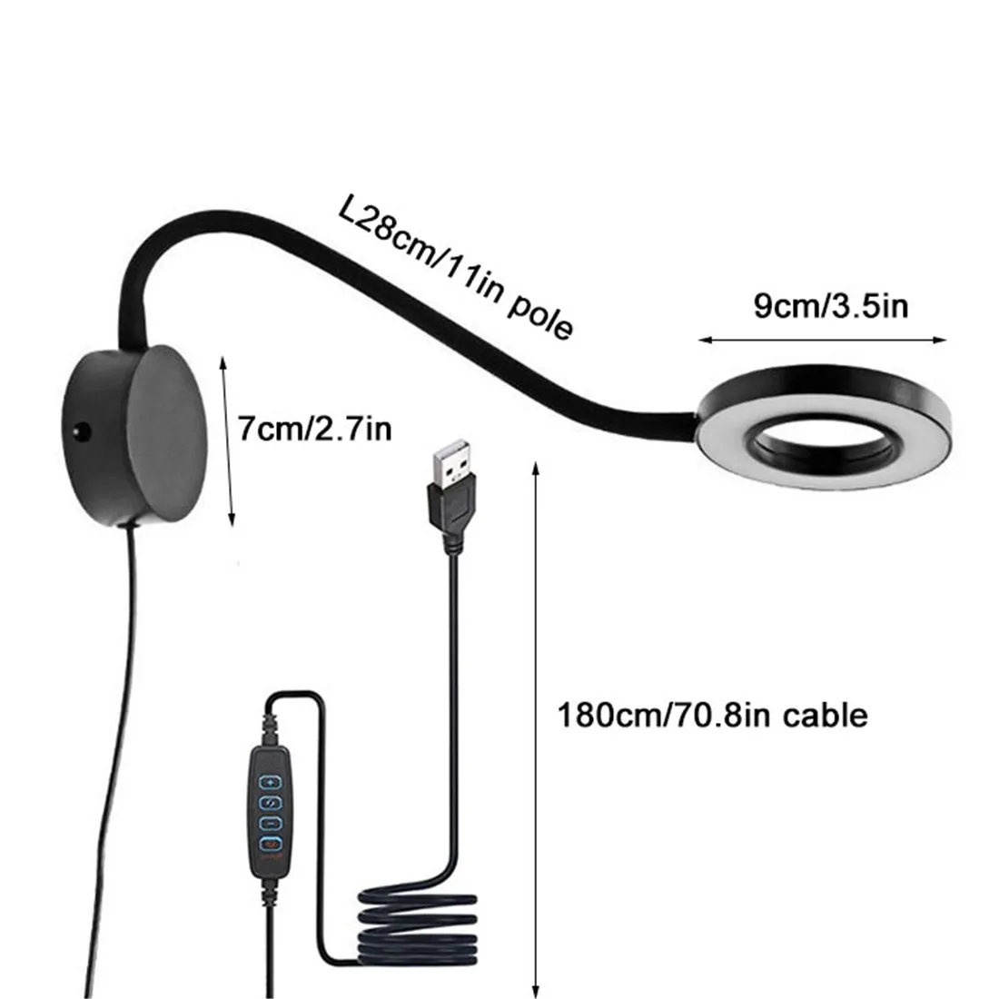 5W 10 Brightness and 3 Color Dimmable LED Reading Light USB Powered LED Ring Light for Bedside Reading Makeup Meeting Webcam