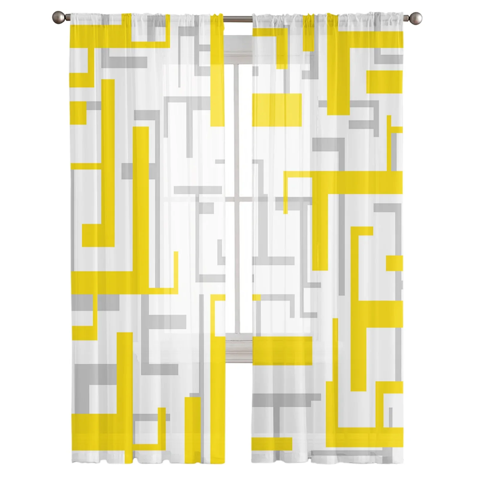 Art Geometry Yellow Grey Sheer Curtains for Living Room Printed Tulle Window Curtain Luxury Home Balcony Decor Drapes
