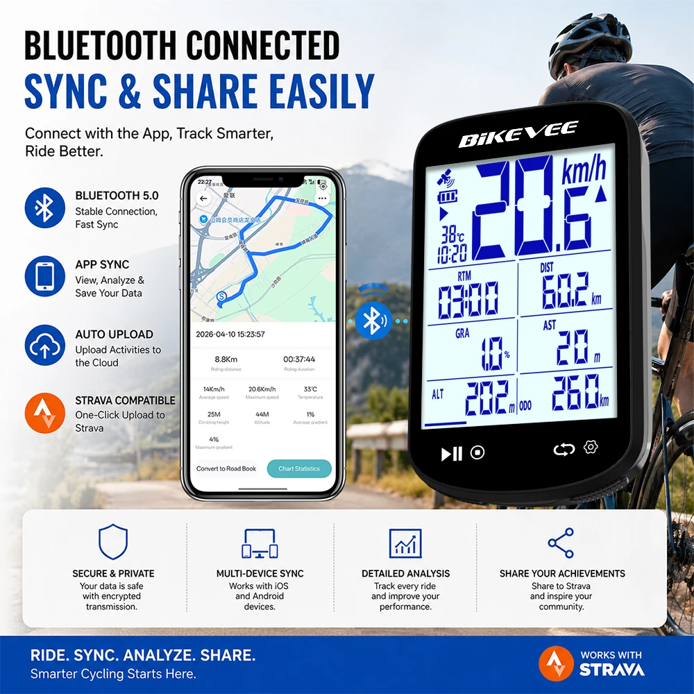 Bikevee Wireless Bluetooth Bicycle Computer Multifunctional GPS Cycling Odometer Speedometer with Auto Backlight BIKEVEE APP view 2