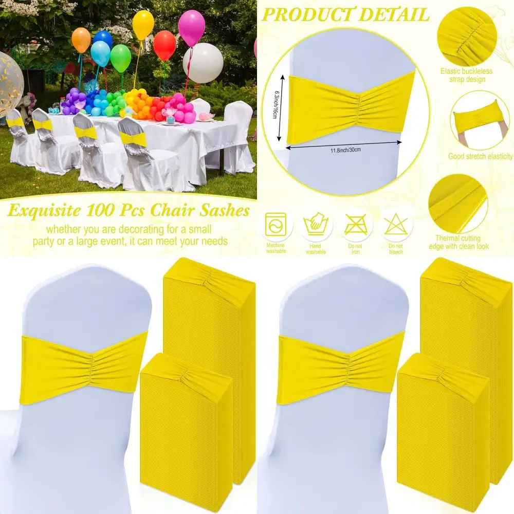 

100 Pack Spandex Chair Sashes with Bows for Weddings, Parties, and Events in Yellow