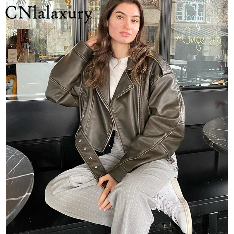 CNlalaxury Women Leather Lapel Belt Jacket 2023 Long Sleeve Zipper Pocket Coat Female Fashion Motorcycle Leather Short Outerwear