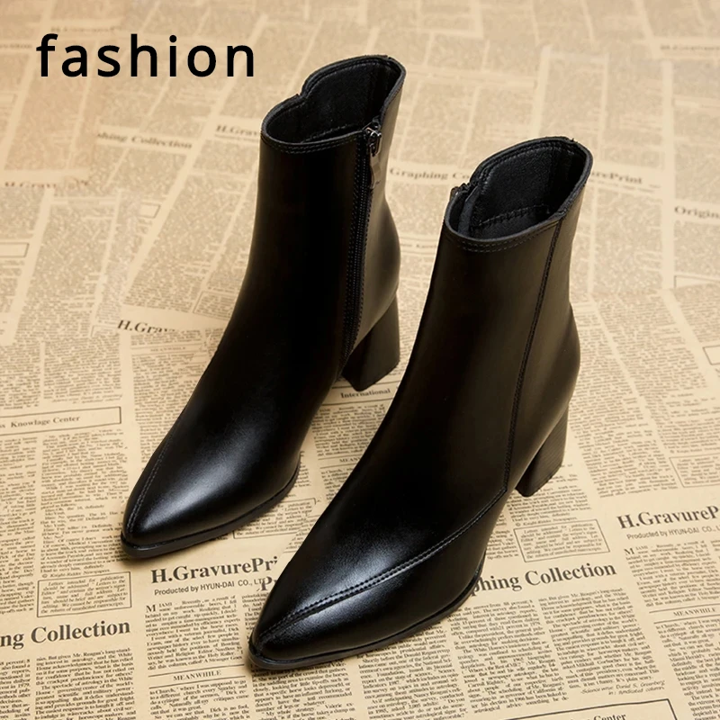 Spring and Autumn New British Style hick Heel Women\'s Boots Pointed Toe Thin Side Zipper Black Nude Boots Women Mid-heel Fashion