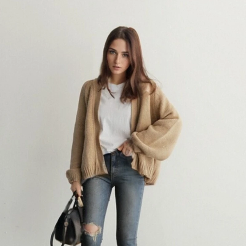 

Autumn Fashion New Basic Loose Knitted Cardigan Women's Short Sweater Jacket V-neck Casual Oversized Style Winter Clothes Women