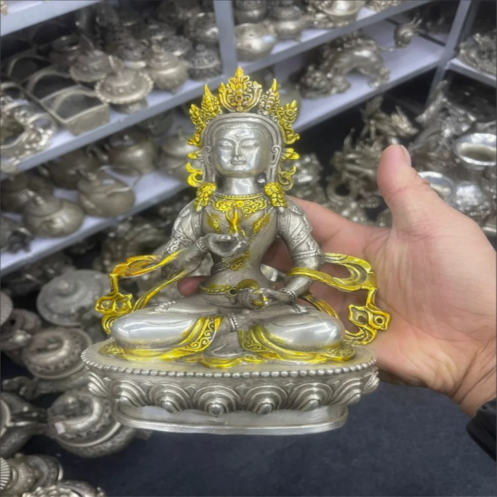 Chinese Antique Tibetan Silver Gold Plated Copper Buddhist Green Tara Statue