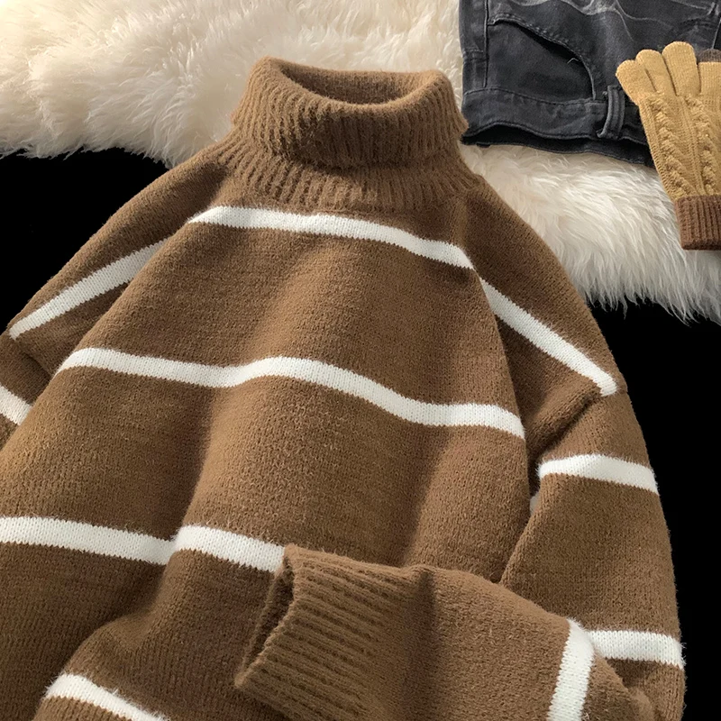 

Мужской вязаный свитер с высоким воротником, свободного кроя, на весну-осень, удобный, теплый, в полоску, повседневный, модный