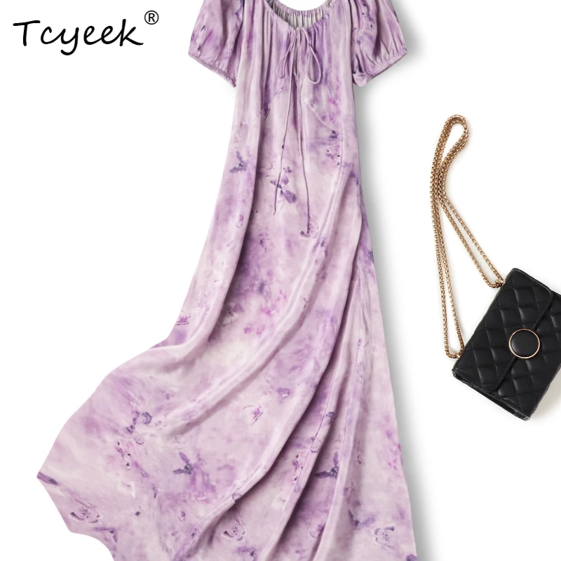 

Tcyeek 100% Mulberry Silk Summer Thin Soft French Round Neck Purple Lantern Sleeve Long Woman Dresses Sommerkleid Damen 원피스 여름