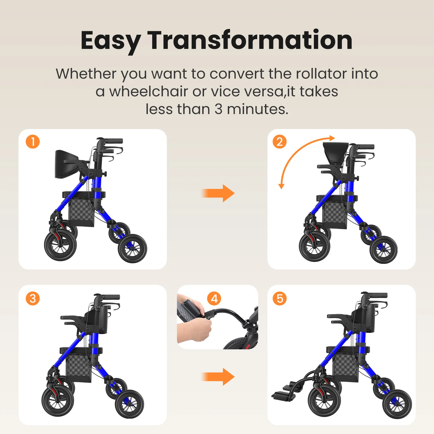 Leichter Faltbarer Rollator für Senioren mit Sitz Rollator-Rollstuhl-Kombi Transport-Rollstuhl – Detail 7