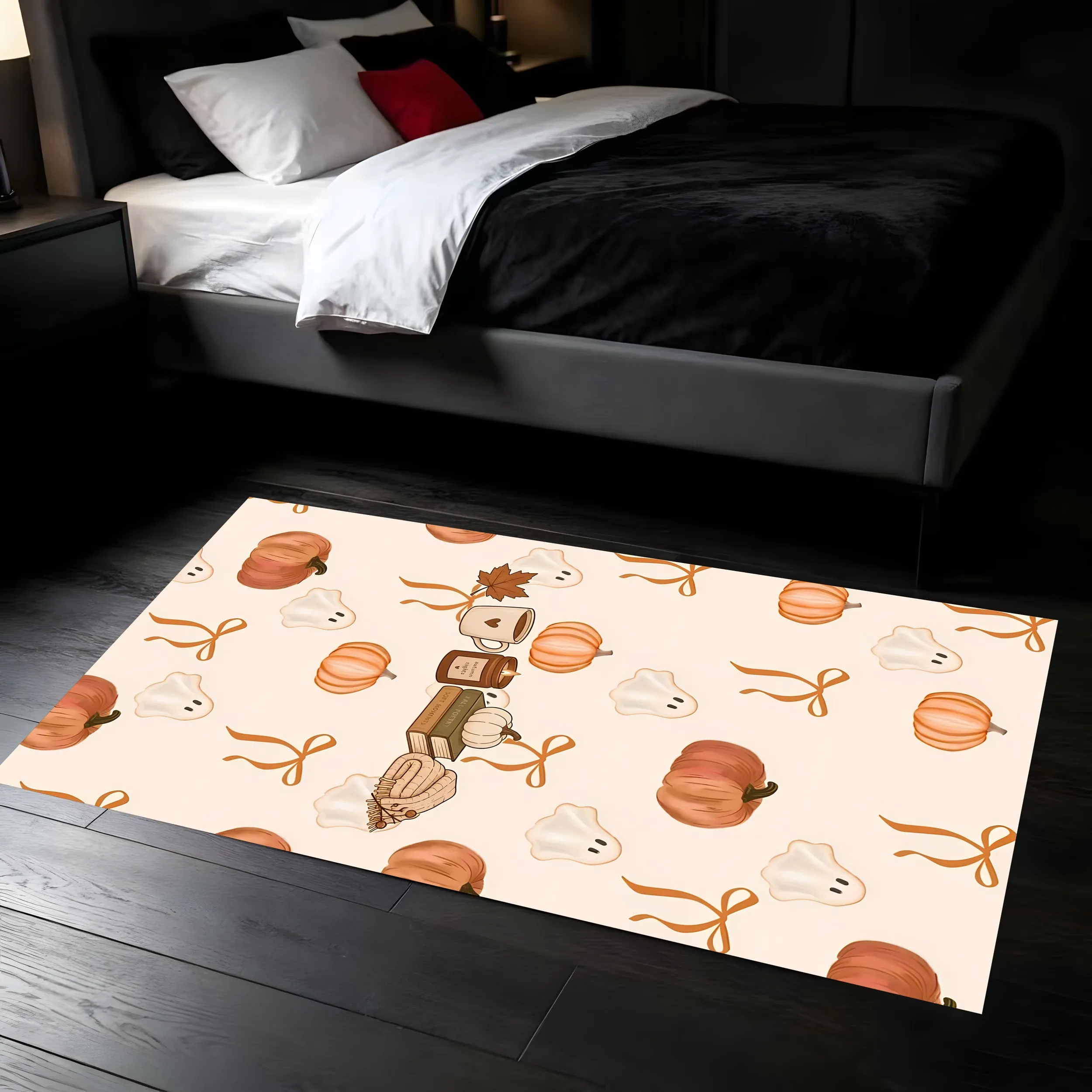 2D Carpet Pumpkin Ghost Bow Print Warm Gentle Style Overflowing Cozy Atmosphere Autumn Halloween