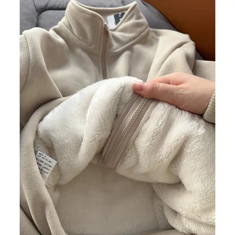 Autumn Winter Polar Fleece Warm Coat Women Sweatshirt Outdoor Sports Casual Zipper Cardigan Jacket Top Slim Teenagers Beige Pink