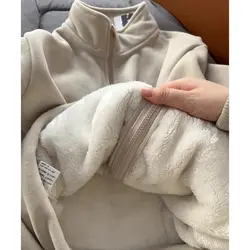 Autumn Winter Polar Fleece Warm Coat Women Sweatshirt Outdoor Sports Casual Zipper Cardigan Jacket Top Slim Teenagers Beige Pink