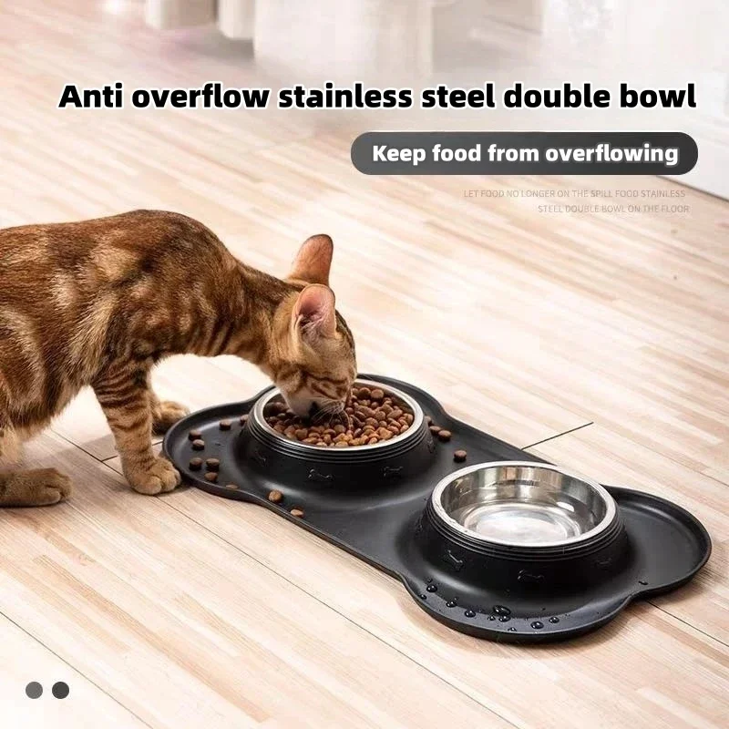 Hot selling silicone non-slip double layer pet dog bowl durable stainless steel water food feeder pet feeding and drinking bowl