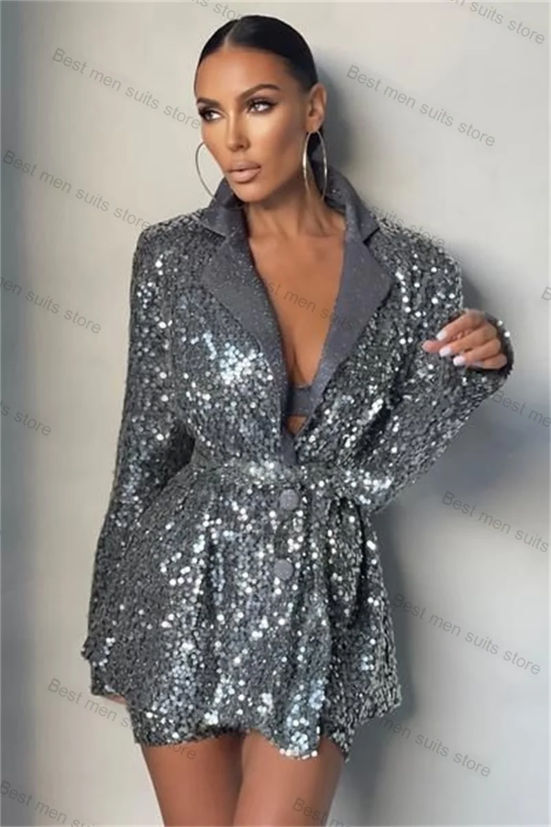 Silver Sequins Women Suit Pants Set 2 Piece Blazer+Short Trousers Belt Formal Office Lady Coat Jacket Customized Wedding Tuxedo