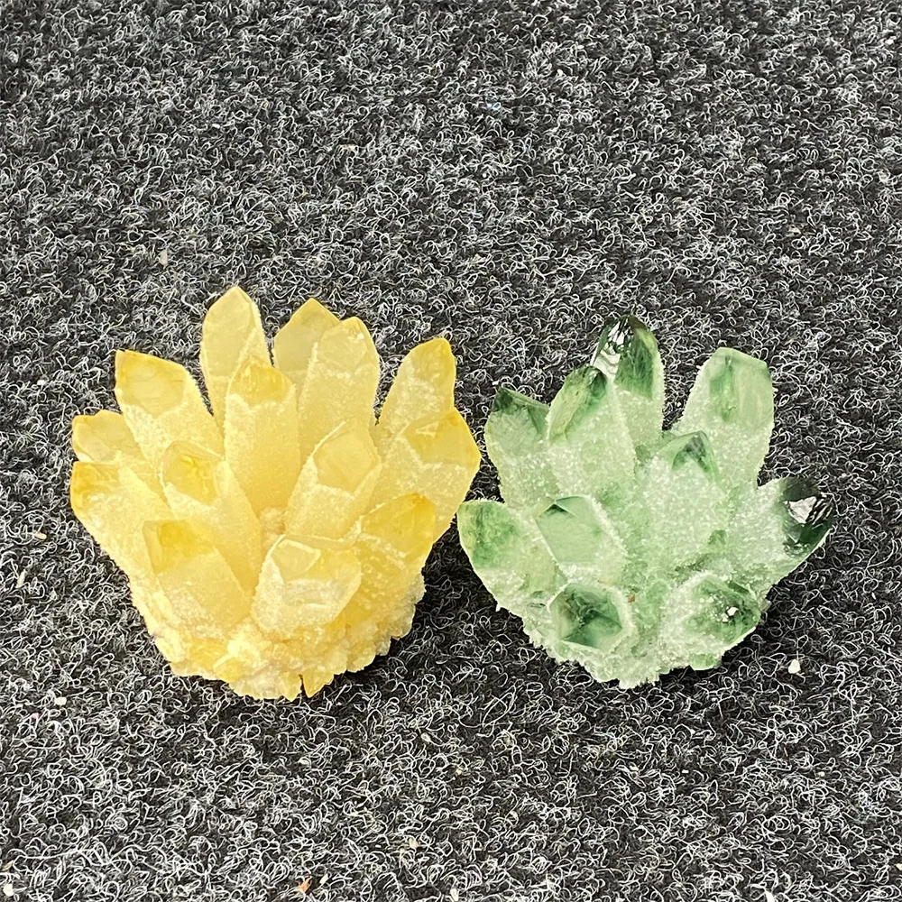 Natural Crystal Clusters Are Clear Green And Yellow Mineral Specimens. Reiki Stone Ornaments Treat Home Decoration And Geomantic