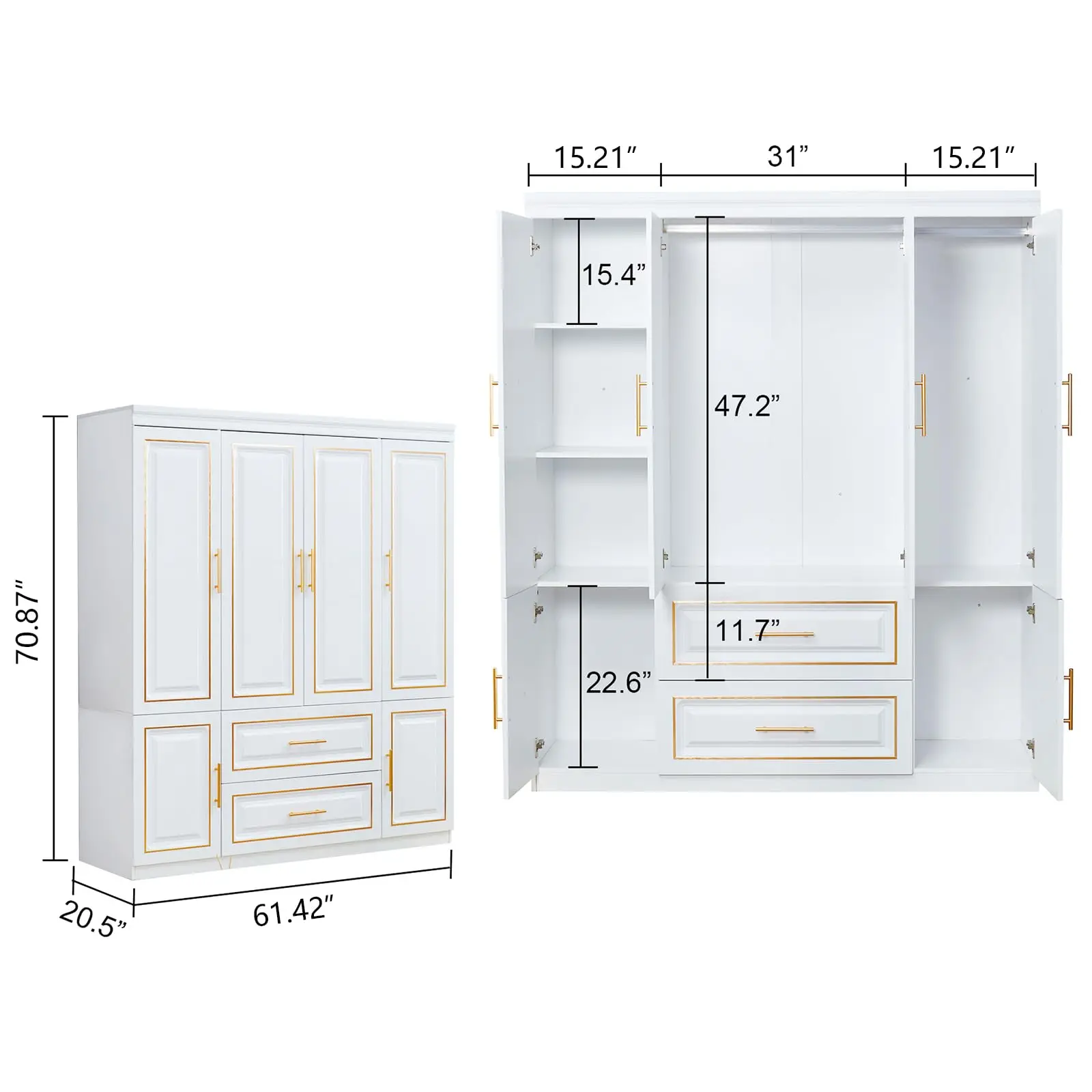 Armoire Wardrobe Closet 4-Door 2 Wooden Drawers Tall Cabinet Luxury Style Closet Wardrobe for High Storage Capacity White