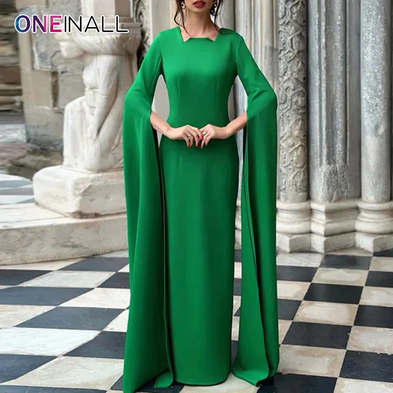 ONEINALL Solid Elegant Long Dresses For Women Round Neck Cloak Sleeve High Waist Spliced Zipper Fashion Dress Female Summer New