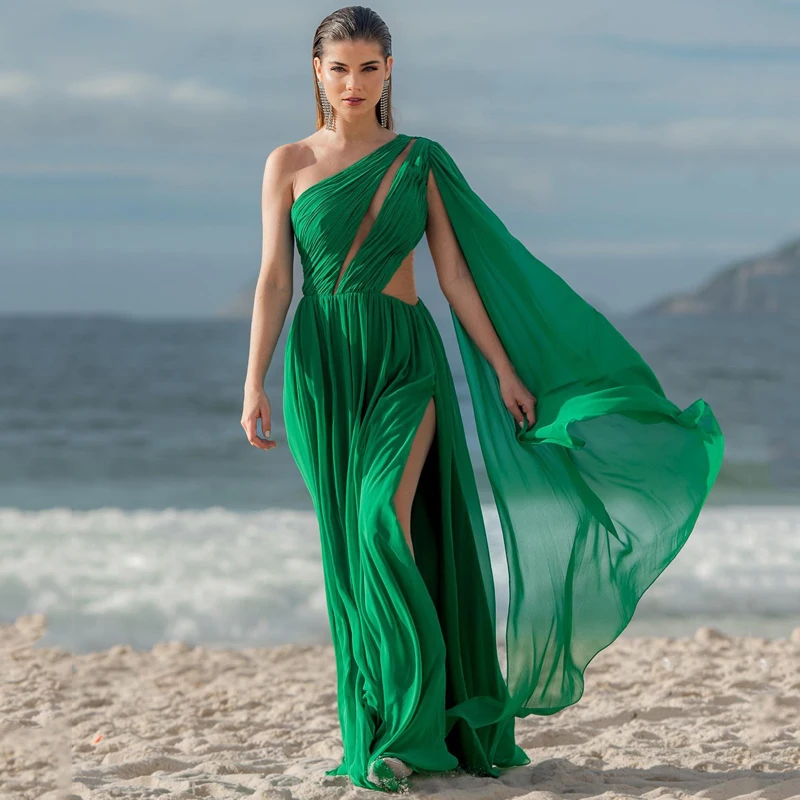 

Sexy Green Evening Party Dresses 2023 One Shoulder Pleats A-line Chiffon Formal Prom Gowns Long Robe De Soiree Vestidos Fieast